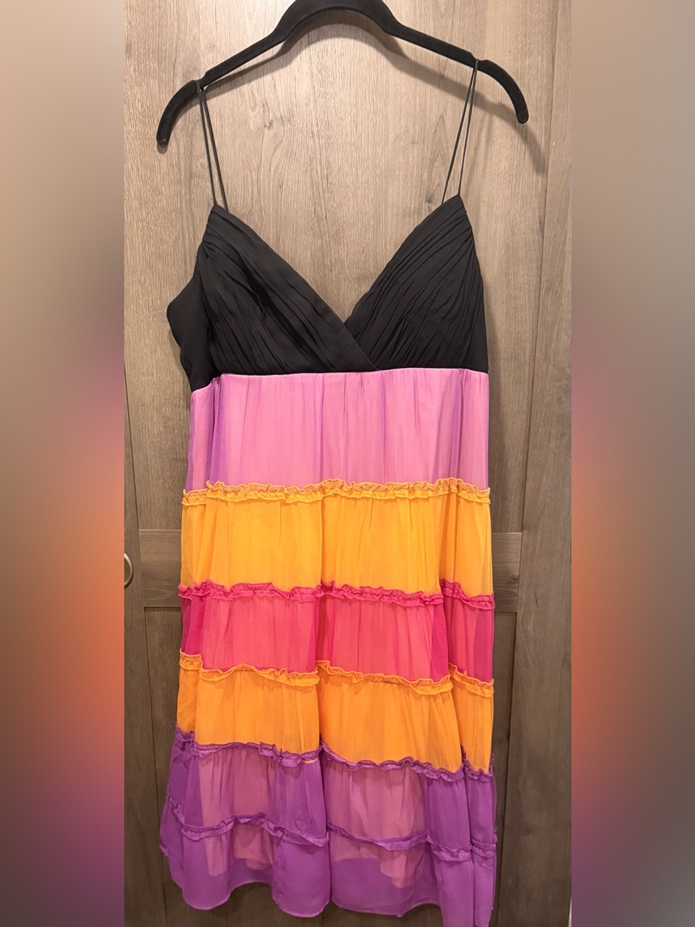 Signature by Sangria Black Bodice Pink Orange Purple Tiered Mini Dress